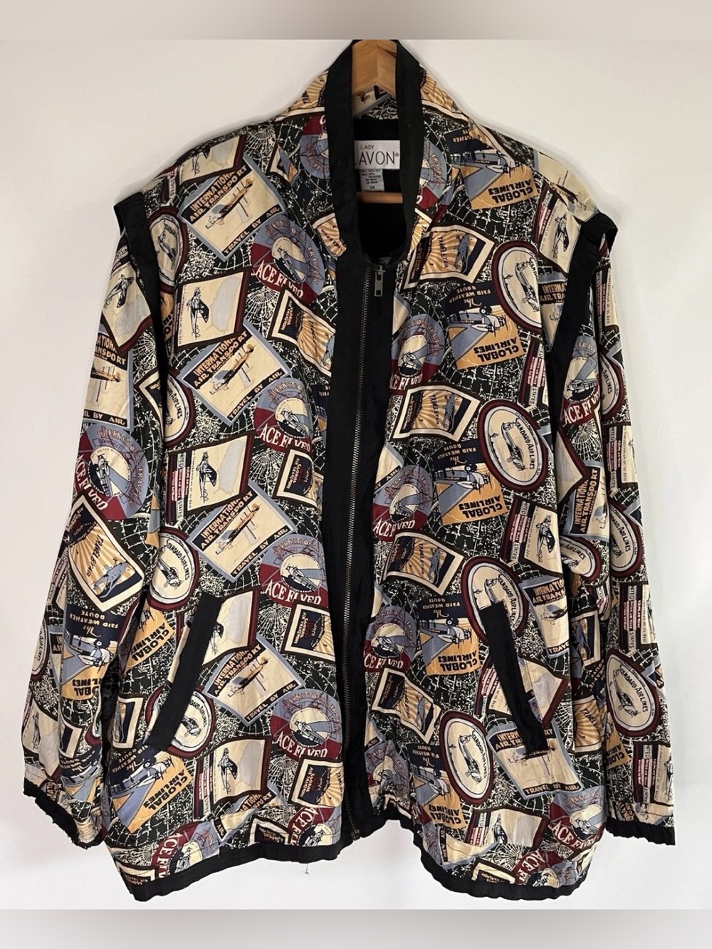 Vintage Lady Lavon Women’s Silk Aviation Travel Theme Bomber Jacket 3X Plus Vtg